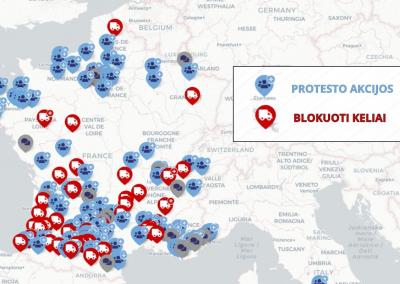 Tiesiogiai pildomas žemėlapis, kuriame matyti protesto vietų išplitimas Prancūzijoje.