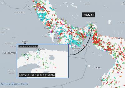 Marine Traffic duomenys kovo 1 d. pavakare rodė, kad Hormūzo sąsiauris vis dar blokuojamas..